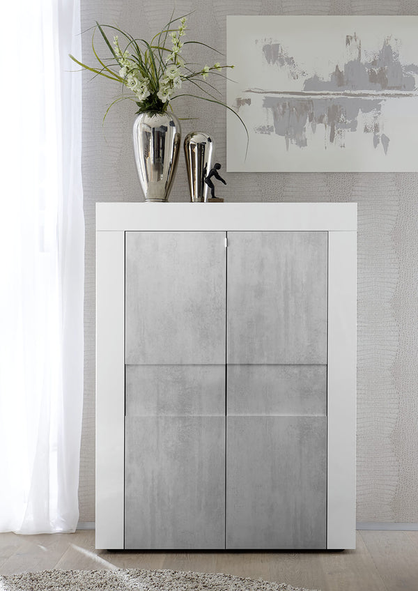 online Hoher Wohnzimmerschrank, 2 Türen, 92 x 42 x 125 cm, TFT-Bauweise, glänzendes Weiß und Zement