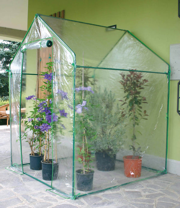 online Gartengewächshaus aus Stahl mit grüner Clematis Rama-Abdeckung