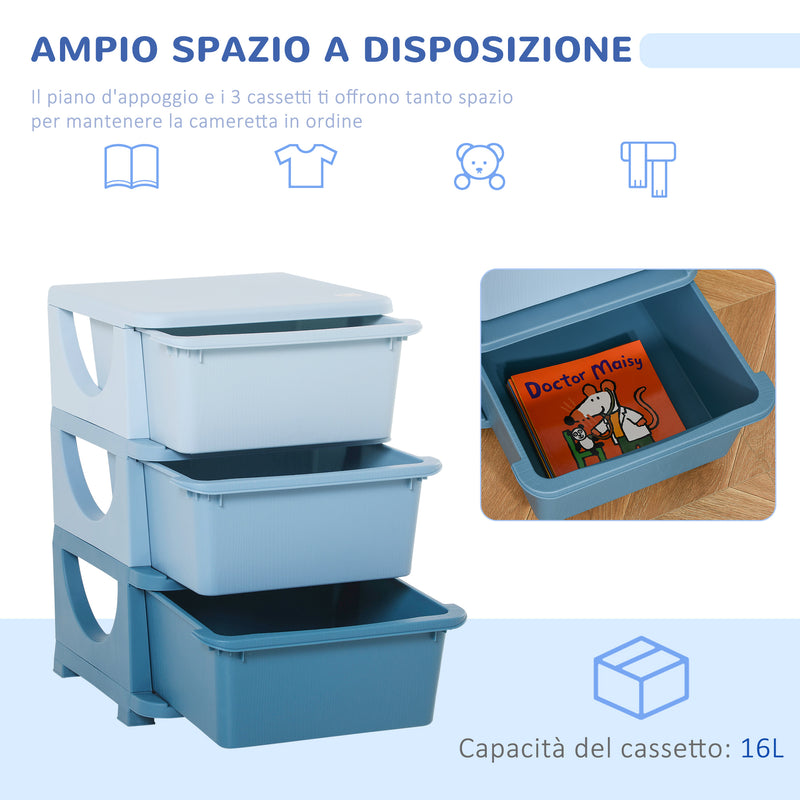 Cassettiera per Cameretta 3 Cassetti 37x37x56,5 cm in Plastica Blu-4