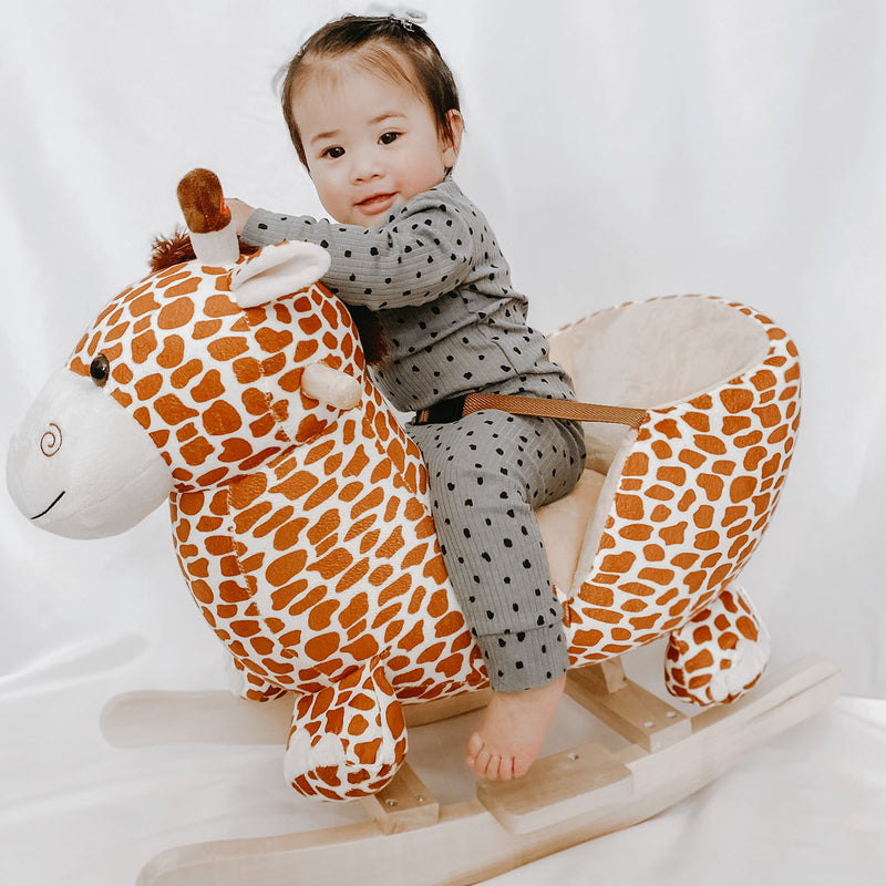 Dondolo per Bambini in Legno Giraffa in Peluche con Suoni -4