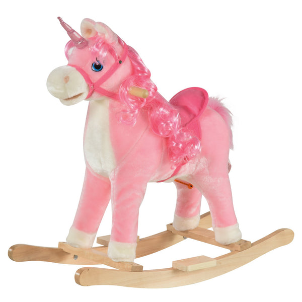 acquista Einhorn-Schaukelpferd für Kinder aus Holz und rosa Einhorn-Plüsch