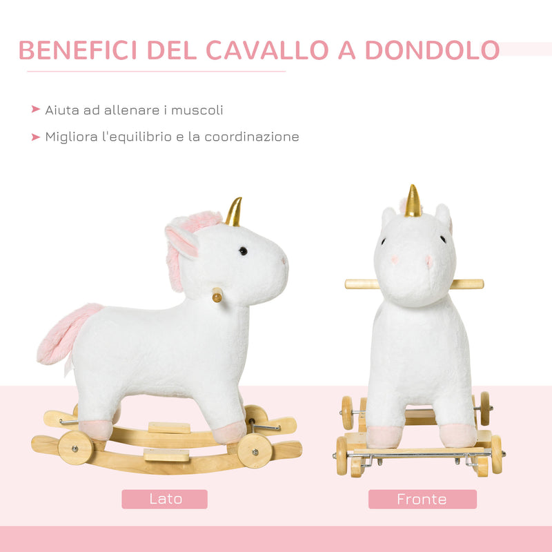 Cavallo a Dondolo Unicorno per Bambini in Legno e Peluche Unicorno Bianco-5