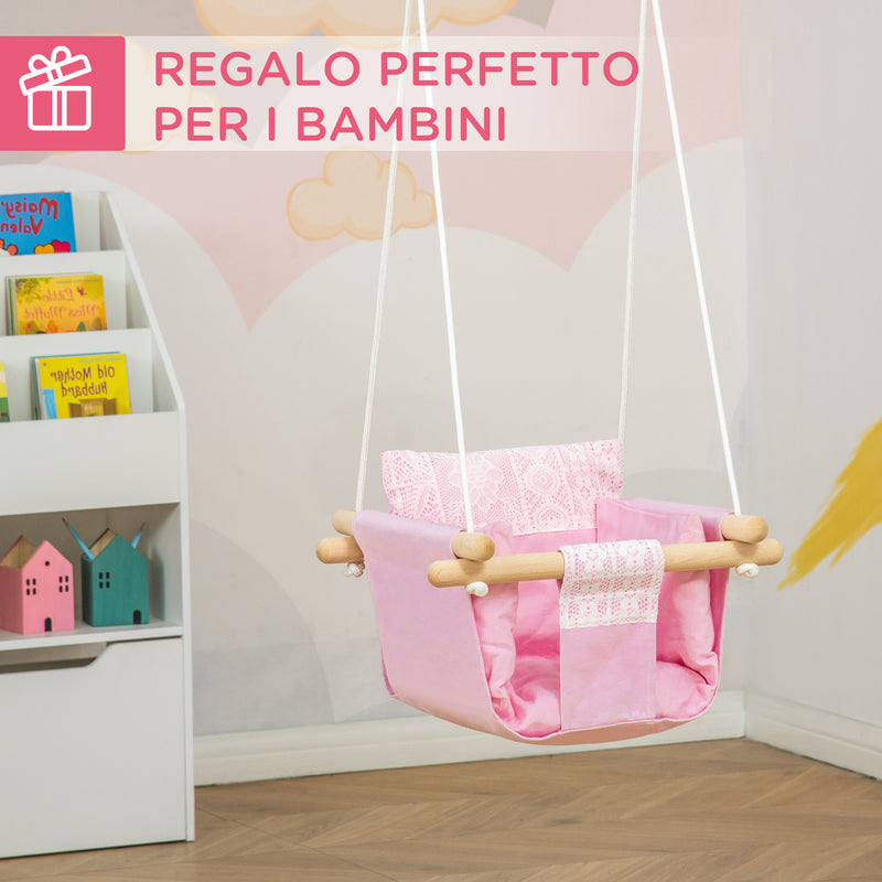 Seggiolino Altalena per Bambini 40x40x180 cm in Legno e Tessuto Rosa-4