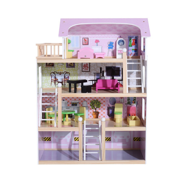 acquista 4-stöckiges Puppenhaus aus Holz für Kinder mit rosa Accessoires 60 x 30 x 80 cm