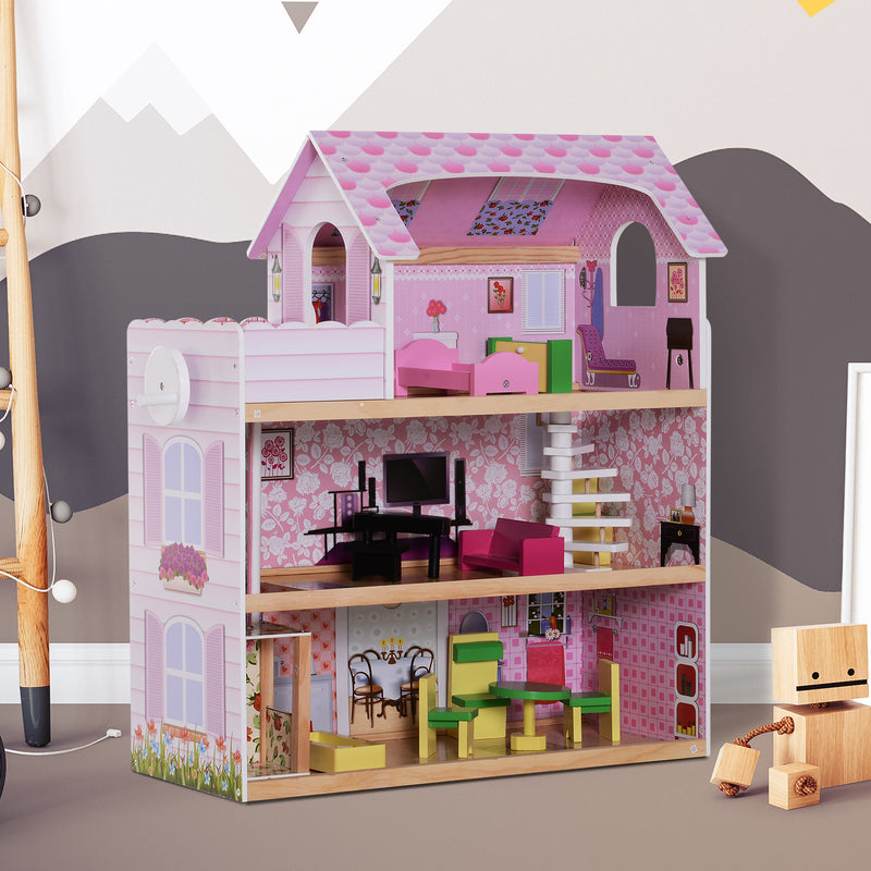 Casa delle Bambole per Bambini a 3 Piani con Ascensore Rosa 60x30x71.5 cm -3