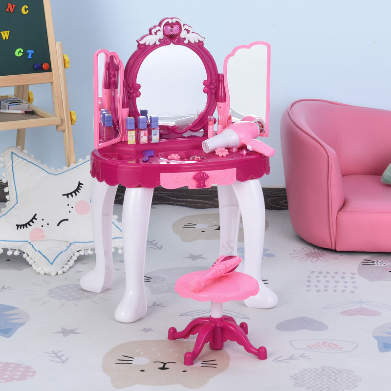 Postazione Trucco Specchiera Giocattolo per Bambini con Sgabello e Accessori  Rosa-2