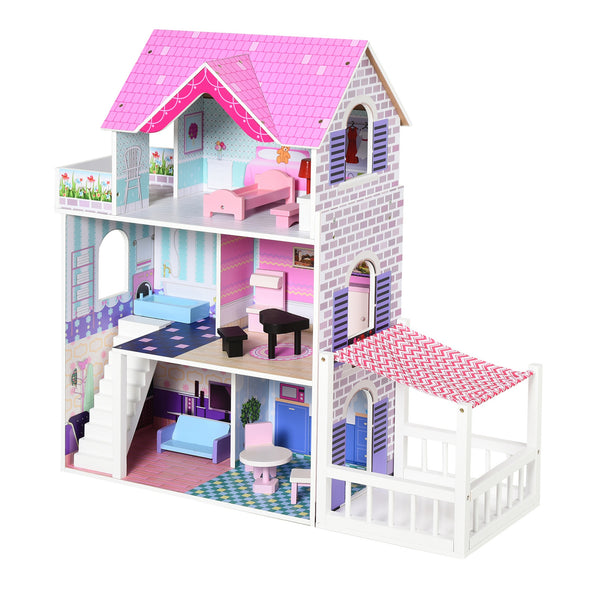 sconto Puppenhaus 3 Etagen 86x30x87 cm in Holz mit rosa Zubehör