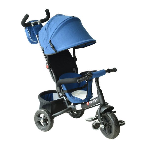 sconto Dreirad-Kinderwagen für Kinder mit Griff und Verdeck Schwarz und Blau