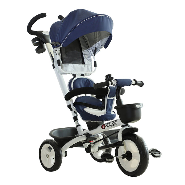 Dreirad-Kinderwagen für Kinder mit Griff, verstellbarem Regenschutz und blauem Korb prezzo