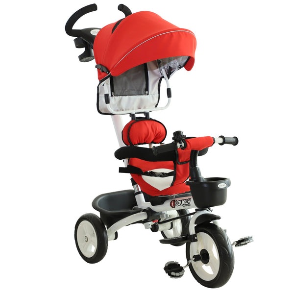 acquista Dreirad-Kinderwagen für Kinder mit Griff, verstellbarem Regenschutz und rotem Korb