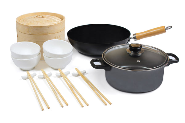 sconto Wok-Set 22-teilig aus Karbonstahl für die japanische Küche mit Black Kyoyo Collection Casserole