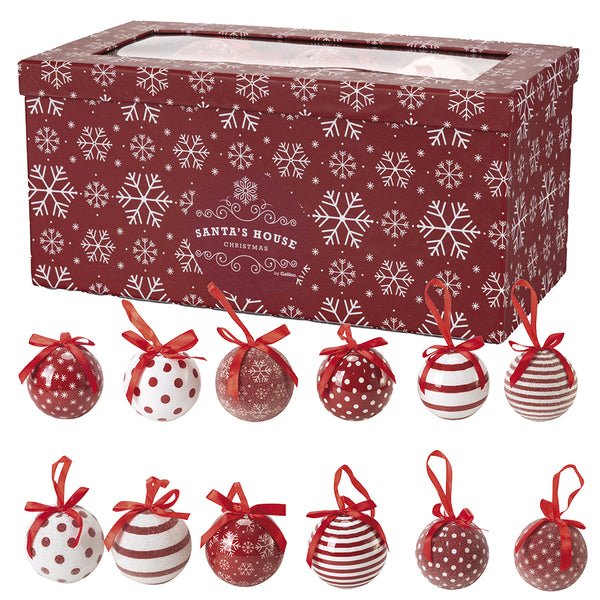 online Set mit 14 Weihnachtskugeln Ø7,5 cm in Polyfoam mit Streifen und Tupfen Box