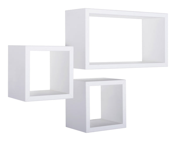 Set 3 Mensole Cubo da Parete Quadrato e Rettangolare in Fibra di Legno Tribù Bianco-1