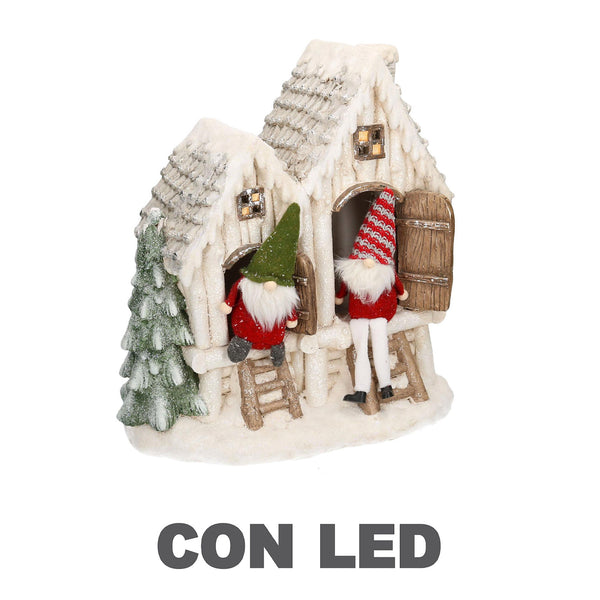 sconto Kleines Haus aus weißem Harz mit LED und Zwergen 40x23xh44 cm