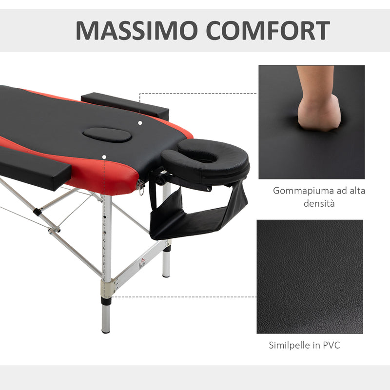 Lettino da Massaggio Fisioterapia 2 Snodi 215x60x84 cm in Alluminio Nero e Rosso-6