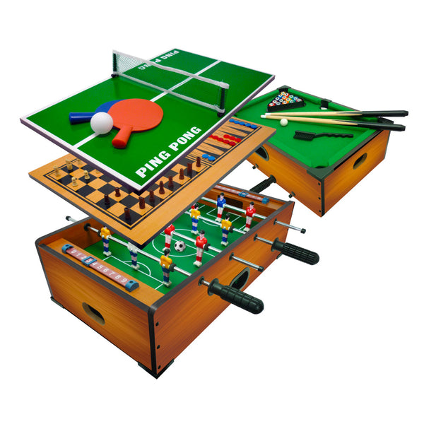 Tavolo Multi Gioco 6 in 1 51x31x16 cm Calciobalilla Biliardo Ping Pong Scacchi Dama Backgammon Marrone Chiaro acquista