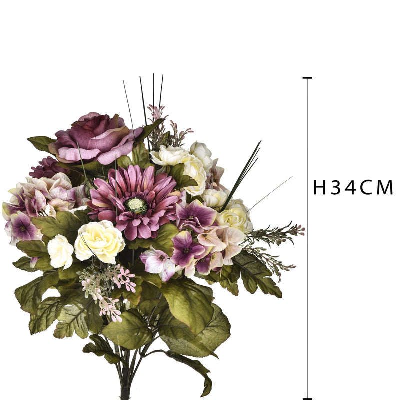 Bouquet Artificiale di Ortensie con Rose Altezza 34 cm Viola-2