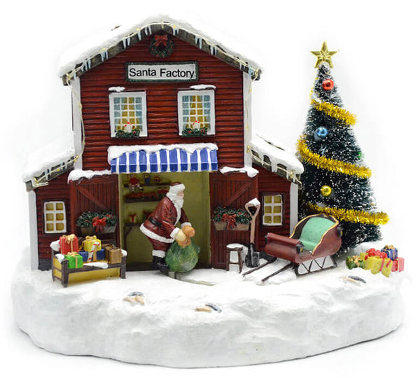 online Weihnachtsdorf aus Harz mit Lichtern und Geräuschen 21x26x17,5 cm Weihnachtsmann Fabrik Vanzetti