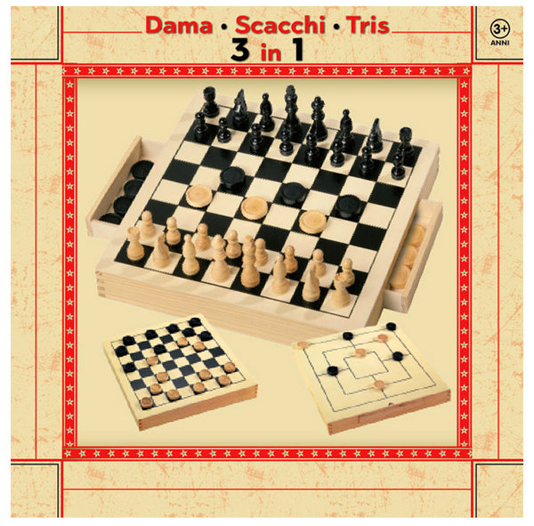 Spiel 3 in 1 Dame Schach Tic Tac Toe aus Holz sconto