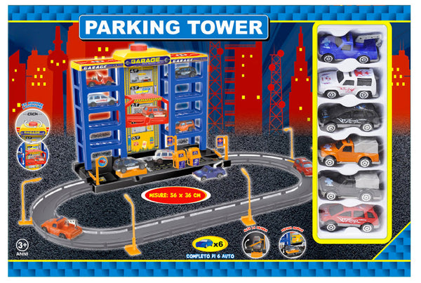 acquista PKW-Parkgarage 56x36 cm 4 Etagen mit Aufzug mit 6 Spielzeugautos