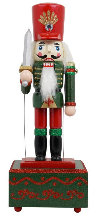 Weihnachtlicher Nussknacker-Soldat H32 cm aus Holz mit grüner Saiten-Spieluhr prezzo