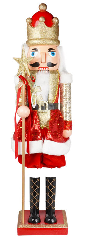 Weihnachtlicher Nussknacker-Soldat H110 cm aus Kunststoff mit Payettes-Melodie und rotem elektronischem Uhrwerk online