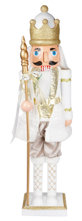 acquista Weihnachtlicher Nussknacker-Soldat H60 cm aus Kunststoff mit Kleidung aus weißem und goldenem Stoff