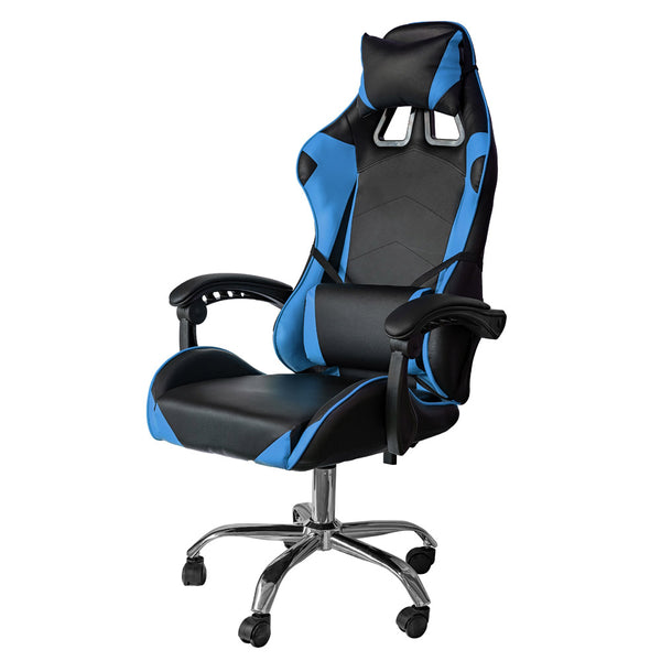sconto Ergonomischer Gaming-Stuhl 64x53x122-133 cm mit Lordosenstütze und Kopfstütze aus blauem Kunstleder