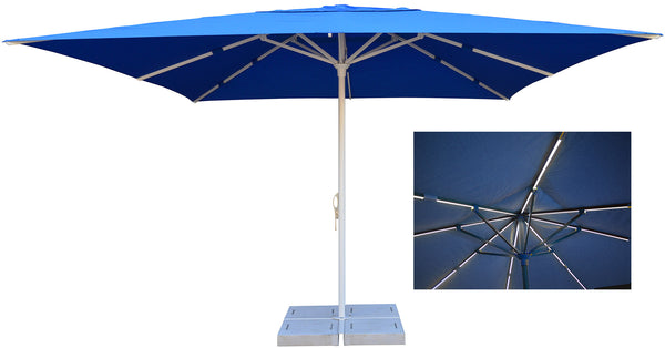 acquista Garten-Sonnenschirm mit LED 4x4m aus glänzendem weißem alublauem Polyestergewebe