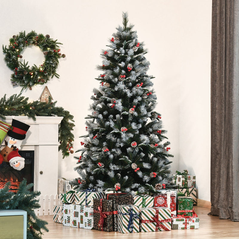 Albero di Natale Artificiale Innevato 180 cm 678 Rami con Bacche Rosse e Pigne Verde-2