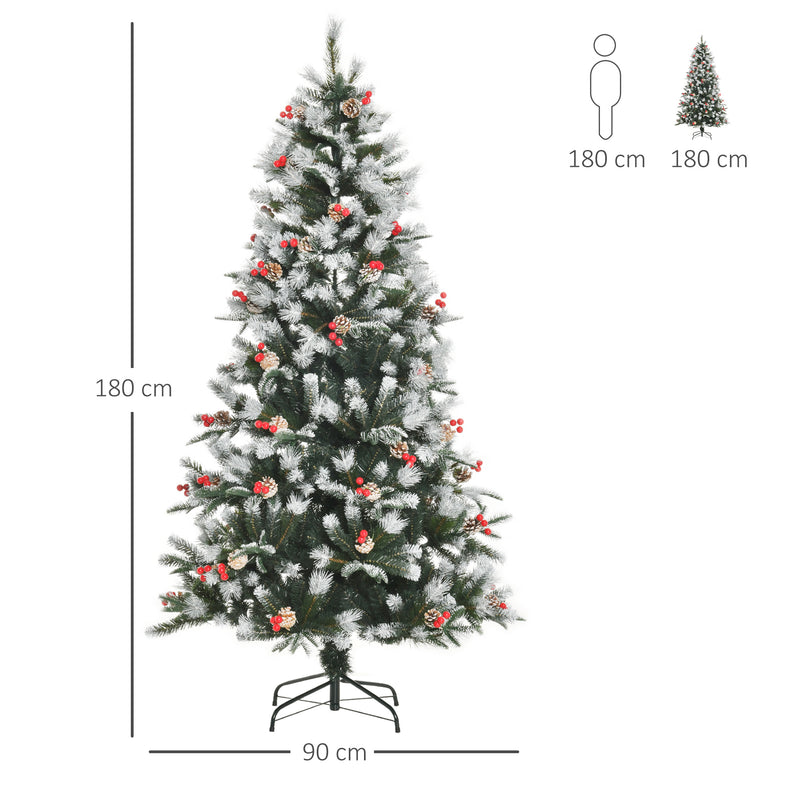 Albero di Natale Artificiale Innevato 180 cm 678 Rami con Bacche Rosse e Pigne Verde-3