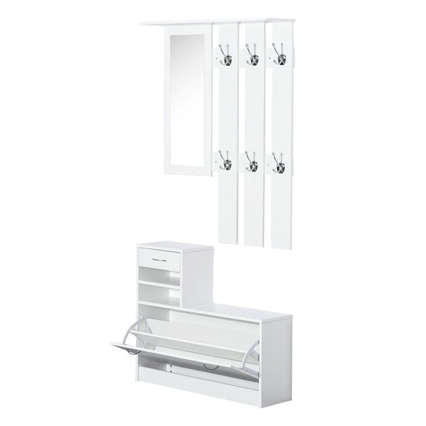 Modernes Eingangsflur-Garderoben-Set, Spiegel, Kleiderbügel und Schuhregal, 3 in 1, in weißem Holz sconto