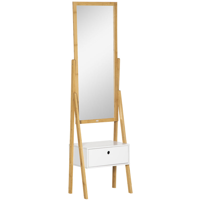 Specchio da Terra 45x30x160 cm con Cassetto in MDF e Bambù Bianco e Color Legno-1