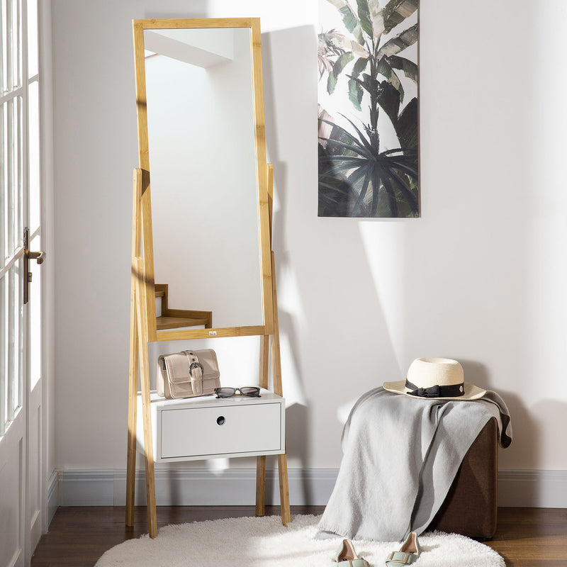 Specchio da Terra 45x30x160 cm con Cassetto in MDF e Bambù Bianco e Color Legno-2