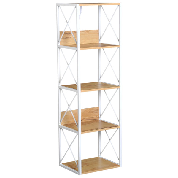 sconto Bücherregal mit 5 Regalen mit weißer Stahlstruktur und Holzregalen 40 x 35 x 143,5 cm
