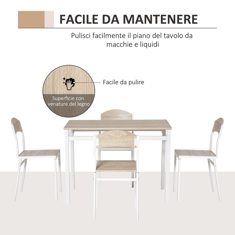 Set da Pranzo Tavolo e 4 Sedie in Metallo e MDF Bianco e Legno -6