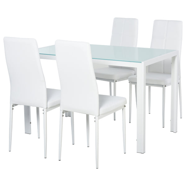 Esstisch mit Glasplatte und 4 Stühlen aus Metall und weißem Kunstleder sconto