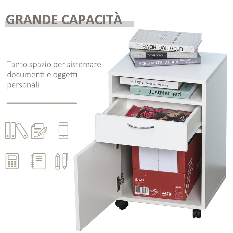 Cassettiera Portadocumenti da Ufficio in Legno con 2 Cassetti e Ruote Bianco 40x35x60 cm -5