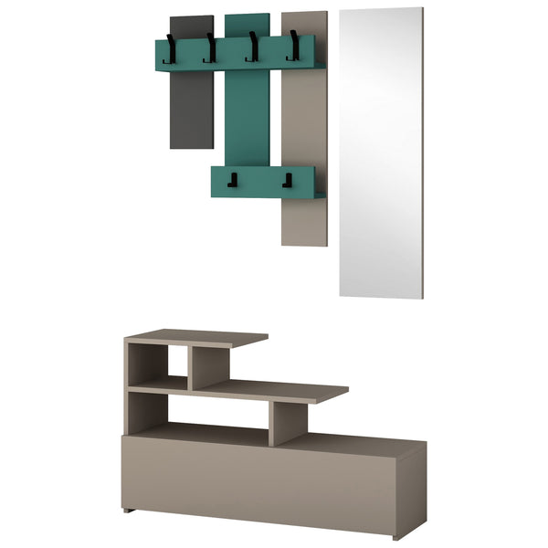 3-in-1-Eingangsmöbel mit Schuhregal und grauem und türkisfarbenem Spiegel online