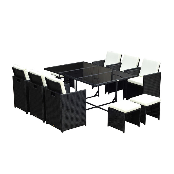 Set aus Tisch und 6 Gartenstühlen aus Eisen und synthetischem Rattan, 4 Fußstützen und schwarzen Kissen acquista