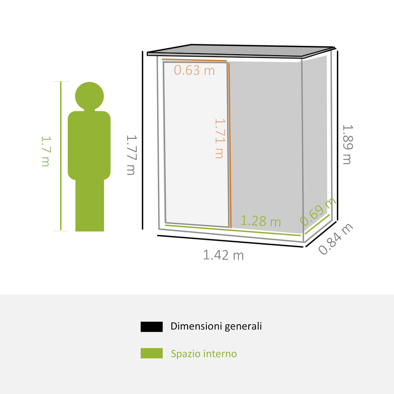 Casetta Box da Giardino Porta Utensili 142x84x189 cm in Acciaio Impermeabile Grigio-3