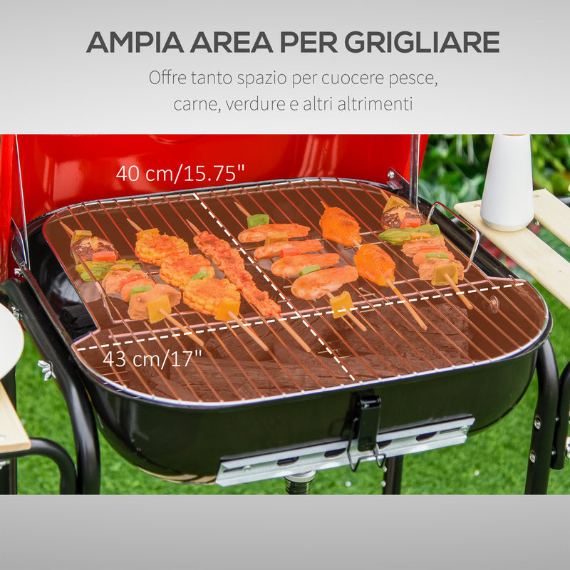 Barbecue a Carbone Carbonella con Coperchio e Ruote in Acciaio Rosso Nero -7
