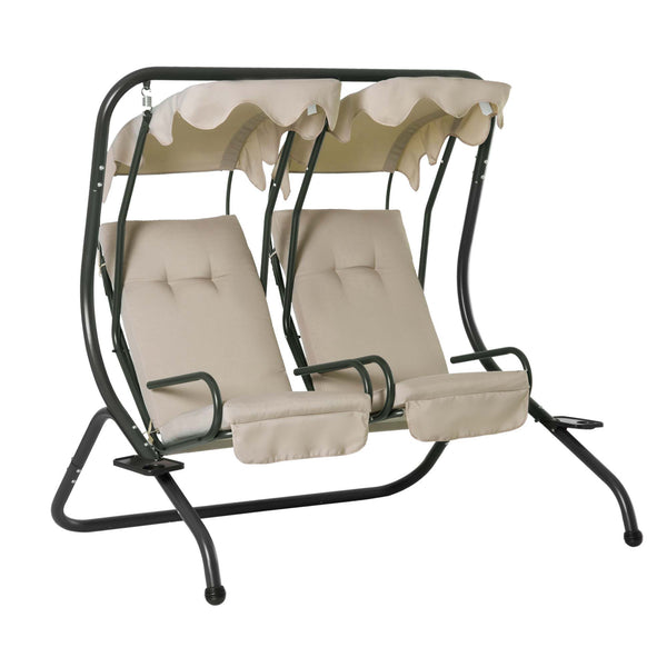 2-Sitzer-Gartenschaukel mit Sonnendach und Getränketablett aus beigem Stahl online