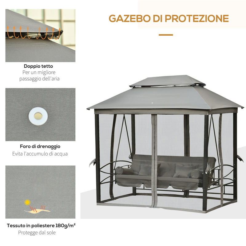 Dondolo Letto 3 Posti con Gazebo da Giardino 256x172x248 cm con Zanzariera e Cuscini Grigio-6