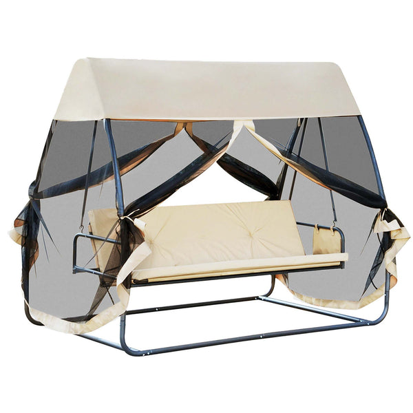 online 3-Sitzer Gartenschaukelstuhl mit Moskitonetz und verstellbarer Rückenlehne für Kaffeebettfunktion? Klar