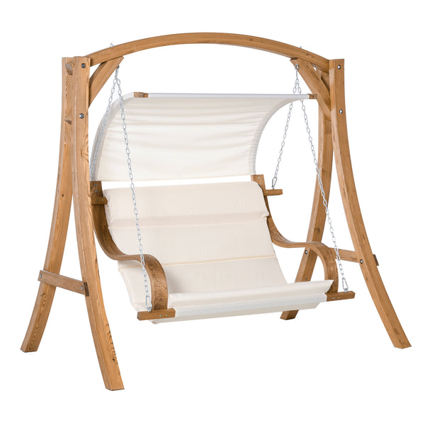 online 2-Sitzer-Gartenschaukelstuhl 190 x 130 x 192 cm aus Holz mit cremeweißer gepolsterter Sitzfläche