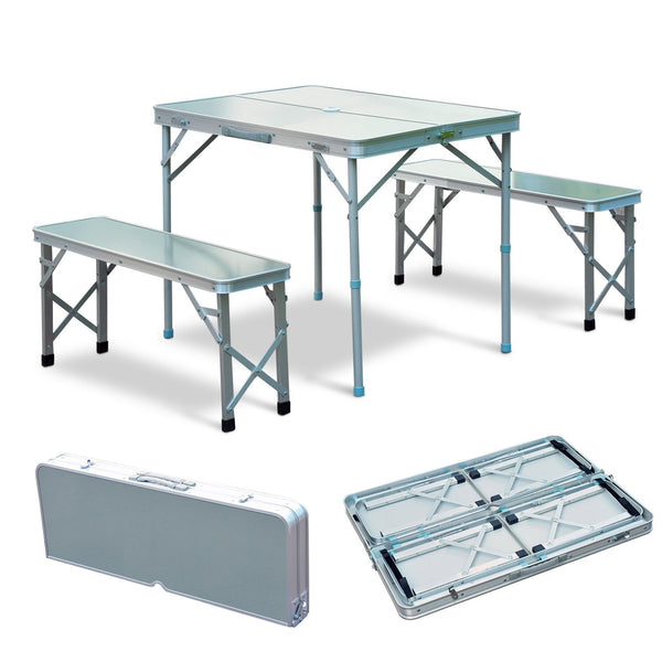 Camping-Picknicktisch-Set 2 Klappbänke aus silberfarbenem Aluminium sconto