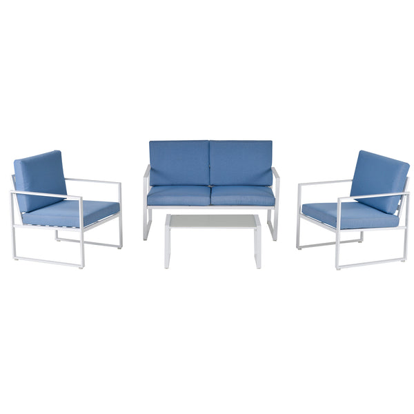 Garden Lounge Set Sofa 2 Sessel und Couchtisch aus weißem und blauem Metall acquista