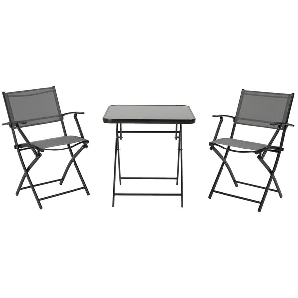 online Set aus Tisch und 2 klappbaren Gartenstühlen aus gehärtetem Glas und schwarzem Metall