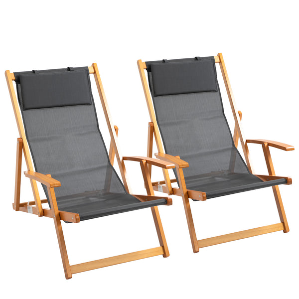 acquista Set mit 2 klappbaren Gartenliegestühlen aus Holz und grauem Netzstoff